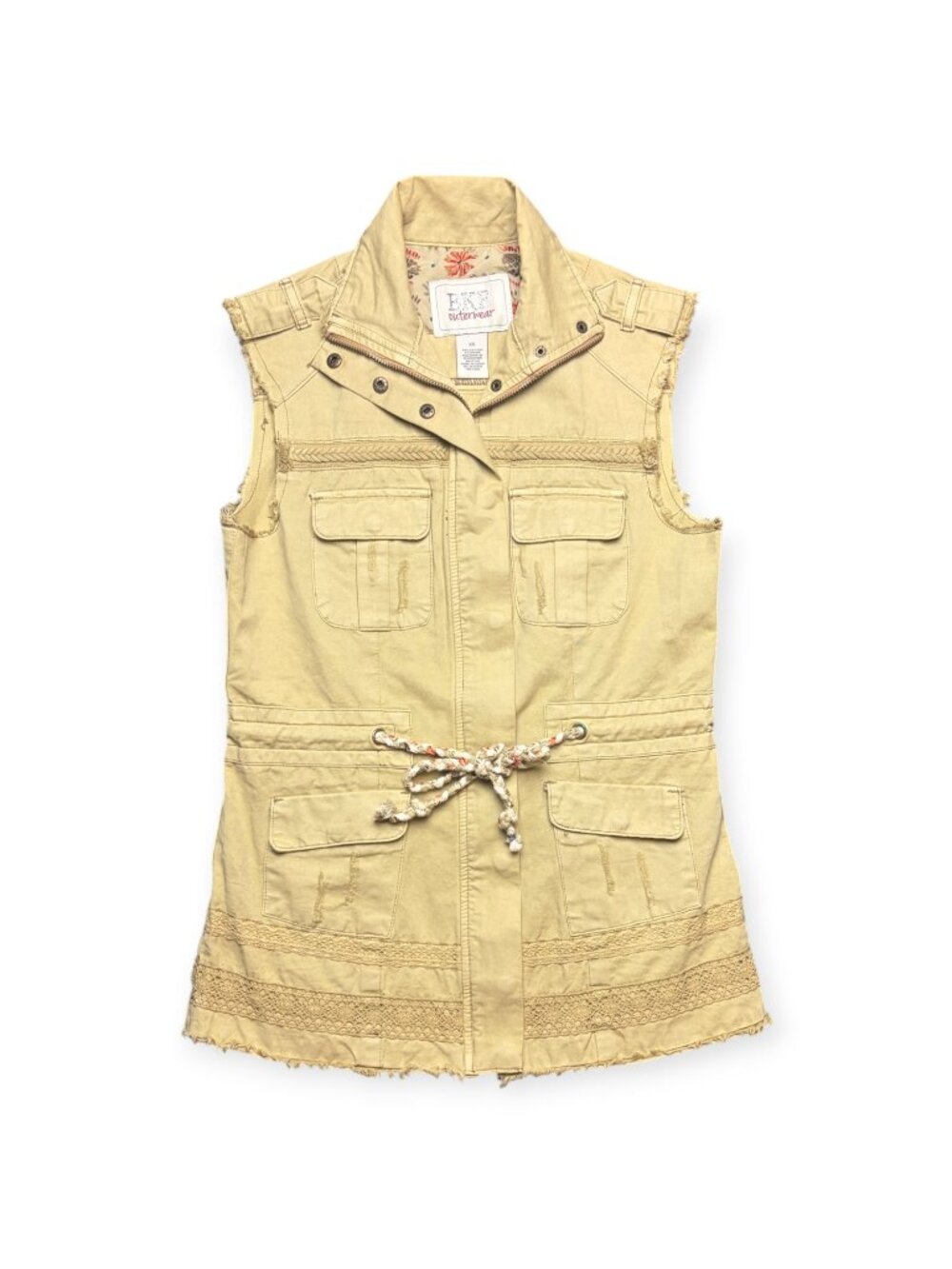 BKE Outerwear Size Xs Cargo Utility Full Zip Khaki Vest Lace Tie Waist Layering